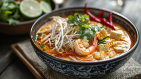 Traditional Malaysian Laksa with Bean Sprouts and Lime